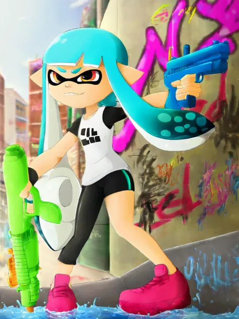 <lora:add-detail-xl:1> <lora:AiArtsChannel_Inkling:1> inkling, water gun, blue hair, in a city, murales, graffiti