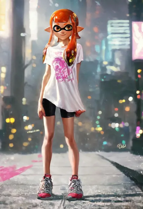 score_9, score_8_up, score_7_up, beautiful girl, realistic, masterpiece, realistic light, excellent lighting, splatoon, inkling girl, redhead, cute, cyberpunk city background, saturated colors, happy, t-shirt, beautiful legs, sneakers