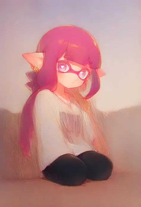 score_9, score_8_up, score_7_up, score_6_up, score_5_up, score_4_up, ((inkling, quadruple amputee, wavy hair, bright magenta hair, bright pink eyes, white pupils, bright purple and pink gradient t-shirt, black shorts, cel shading, neon facility, indoors, sitting, extremely detailed, cartoon, petite, thick thighs)), BREAK best quality, uploaded on DeviantArt