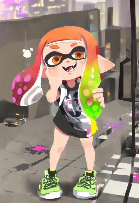 splatoon, inkling girl, redhead, cute, cyberpunk city background, saturated colors, happy, t-shirt, beautiful legs, sneakers