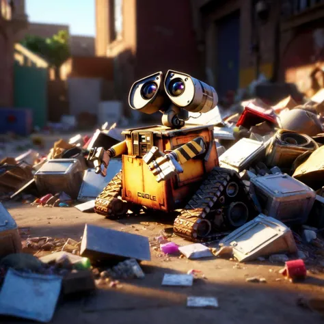 (((absurdres))), (((megamech))), (realistic 3D CGI render of Wall-E from Pixar movie), ((pixar quality)), futuristic junk yard, piles of garbage, dust, volumetric lighting, god rays, (rich color), 8k