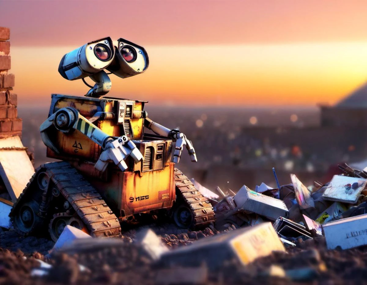 (((absurdres))), (((megamech))), (realistic 3D CGI render of Wall-E from Pixar movie), ((pixar quality)), futuristic junk yard, piles of garbage, dust, volumetric lighting, (dusty sunset:1.2), (panoramic vista:1.2), rich color), 8k