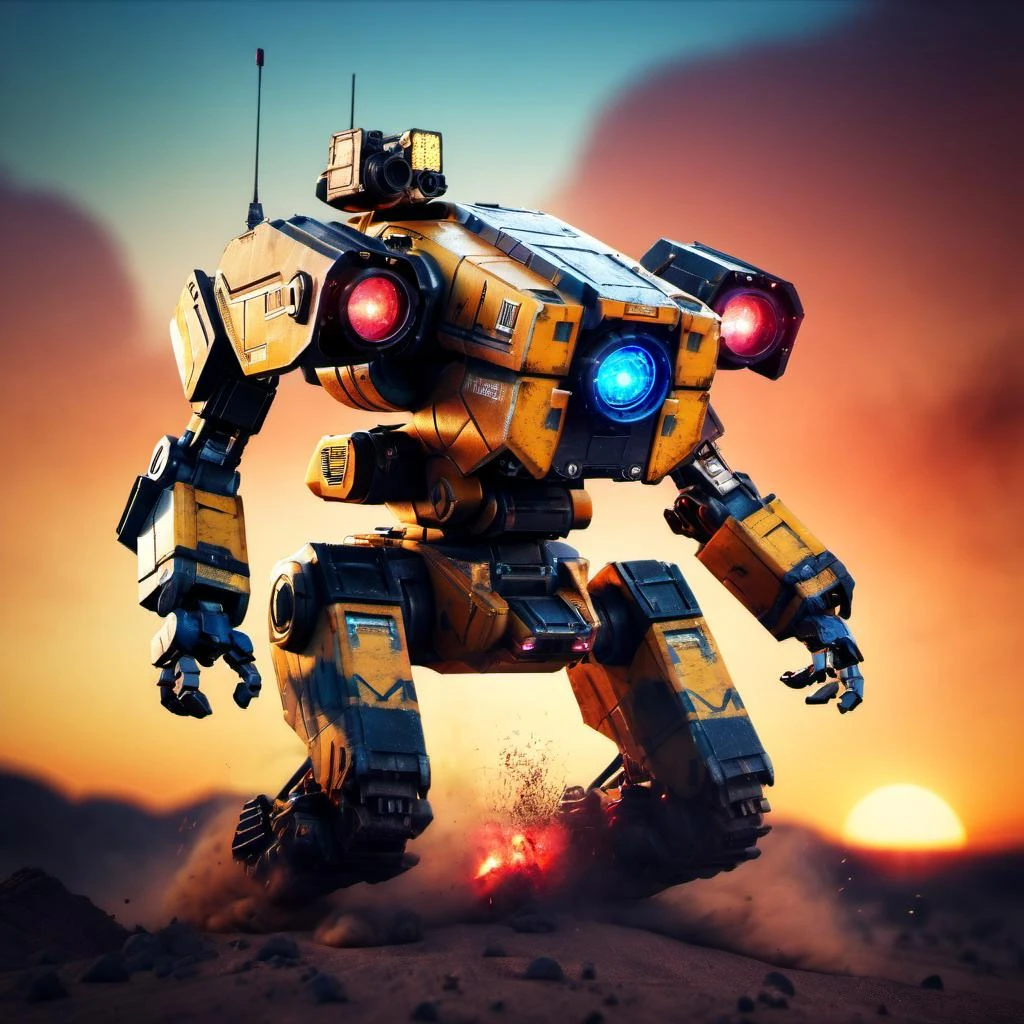 (((absurdres))), (((megamech))), (realistic CGI render of Battlemaster mech from Battletech Universe), ((pixar quality)), Futuristic Battlefield, Mech combat, lasers, explosions, wasteland, dust, volumetric lighting, sunset, reflections, (rich color), 8k