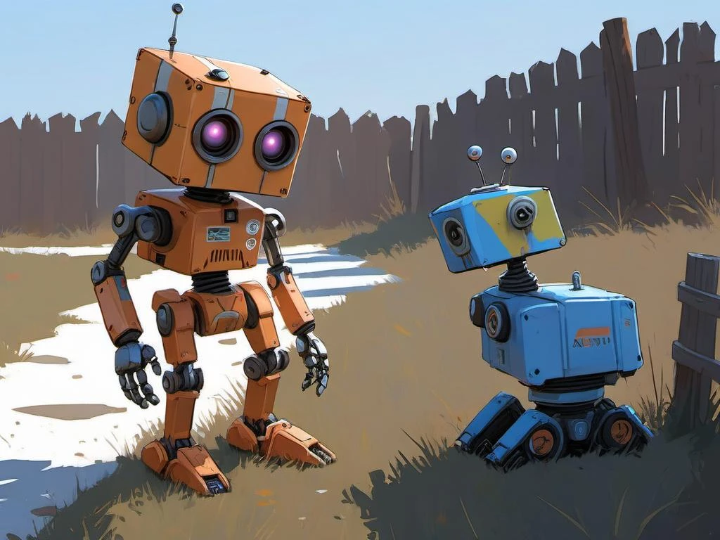 A biped robot similar to the 2015 film Chappie. Show the robot in a field (in front of a wooden fence:1.2). In the style of Ralph McQuarrie. Lighting, colors, and shading, High quality digital art, trending on Artstation