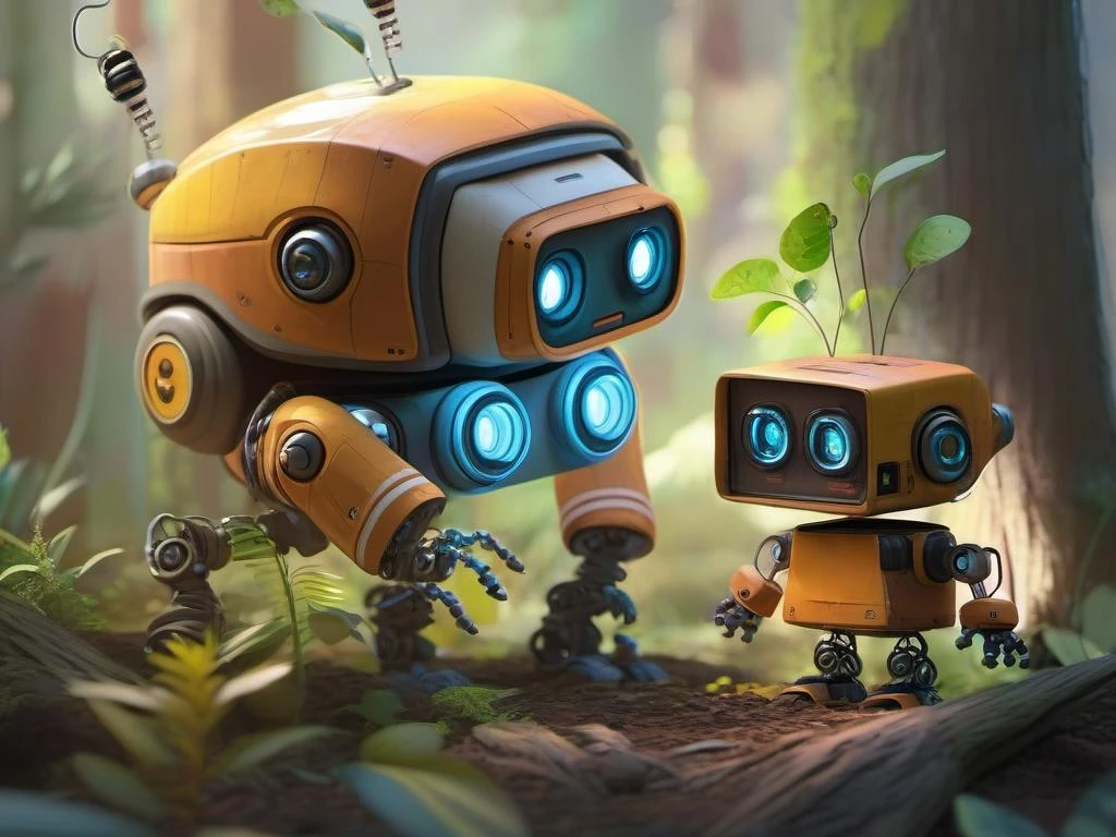 A biped robot similar to the 2015 film Chappie. Show the robot in a field (in front of a wooden fence:1.2). In the style of Ralph McQuarrie. Lighting, colors, and shading, High quality digital art, trending on Artstation