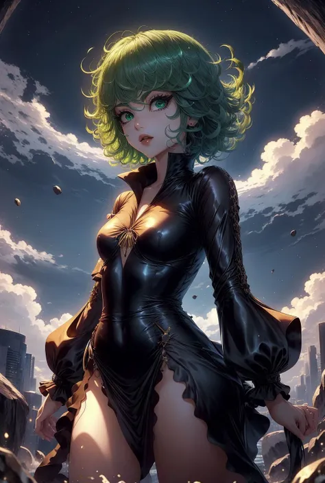 (masterpiece, best quality:1.2), cowboy shot, solo, 1girl, tatsumaki, lustful smile, closed mouth, looking at the viewer, ass, wide hips, black dress, night sky, clouds, erotica