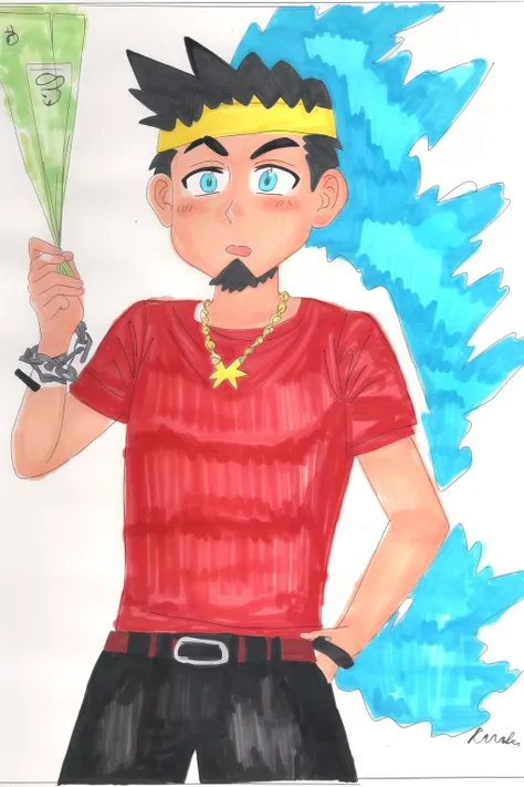 1boy, solo, marker \(medium\), simple white background, dang dirty troll, short hair, black hair, red shirt, red headband, spiked hair, chain necklace, thin beard, puckered lips, smug, blue eyes, holding money, (tan skin:1.2) <lora:ccdiff3:1>