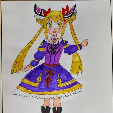 chrischanstyle, a drawing of a girl , (happy,  looking at viewer:1.2) (arm up),  petite, skinny, expressive face, yellow eyes, blonde hair, double buns, very long hair, twintails, bun cover, hair ornament, gothic, dress, stuffed animal, stuffed toy, long sleeves, frills, frilled dress, jewels, juliet sleeves, wide sleeves, boots, lace-up boots, ribbon, gold decoration, long dress, unique face, distinctive face, unusual face, distinctive features, european, european features, swedish, nordic features, ((solo)), <lora:chrischan:1.0>, <lora:LunaLOra:1>, traditional media, drawn with marker,