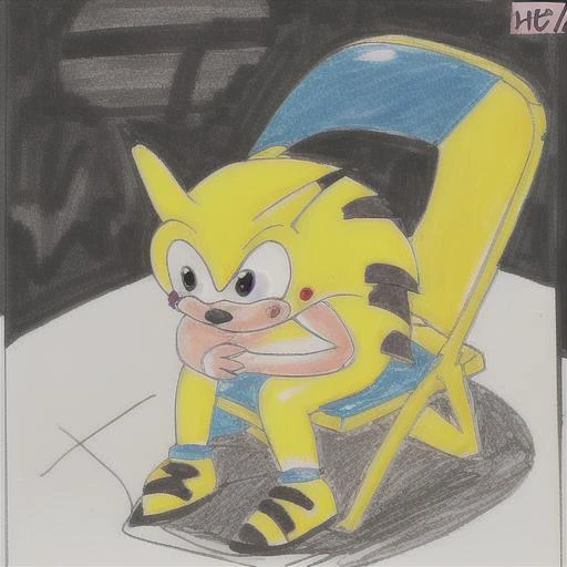 chrischanstyle, shinjichair, ((<lora:concept_shinjichair-10:1>)), sitting, head down, head on lap, (sitting on metal chair), (<lora:sonichu:0.5>), yellow hedgehog, <lyco:chrischan:0.5>, drawn with markers, pencil artifacts, terrible drawing, gross proportions,