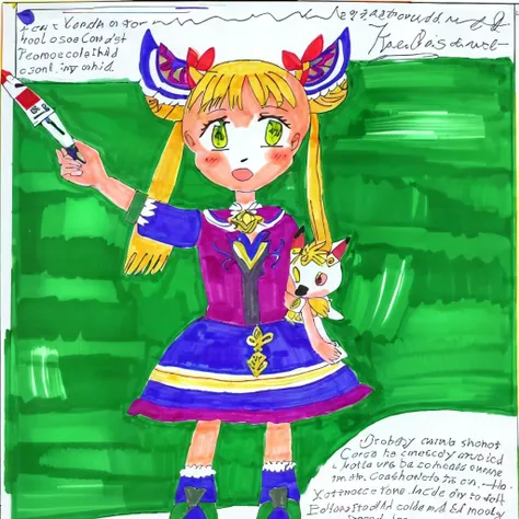 a drawing of a girl , (happy, looking at viewer:1.2) (arm up), petite, skinny, expressive face, yellow eyes, blonde hair, double buns, very long hair, twintails, bun cover, hair ornament, gothic, dress, stuffed animal, stuffed toy, long sleeves, frills, frilled dress, jewels, juliet sleeves, wide sleeves, boots, lace-up boots, ribbon, gold decoration, long dress, unique face, distinctive face, unusual face, distinctive features, european, european features, swedish, nordic features, ((solo)), <lora:chrischan:1.2>, <lora:LunaLOra:1>, traditional media, colored marker drawing, drawn with marker, photograph, on paper, paper, scan, lined paper,