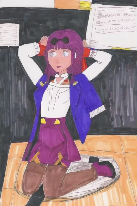 <lora:ccdiff3:1.6>, chrischanstyle, traditional media, colored marker drawing, scan, <lora:Kafka:1>, kafka, eyewear on head, jacket, white shirt, pantyhose, boots, arms behind head, seiza, closeup