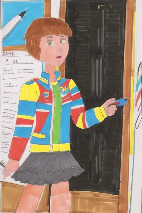 <lora:ccdiff3:1.4>, chrischanstyle, <lora:chie:0.7>, chie, bike shorts, skirt, sports jacket, traditional media, colored marker drawing, drawn with marker, photograph, on paper, paper, scan, lined paper,