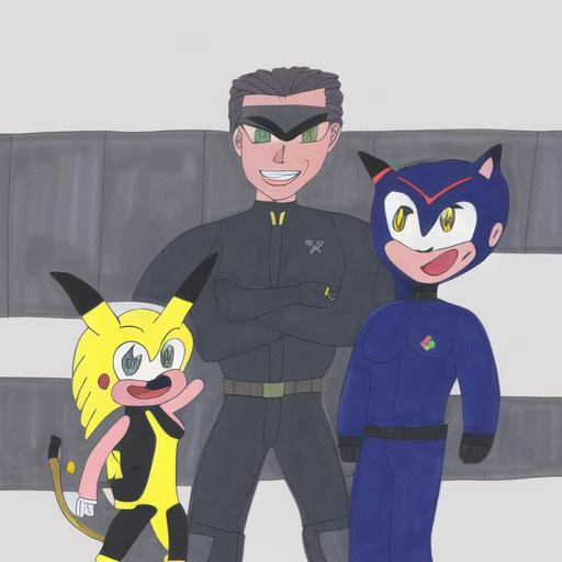 <lyco:chrischan:1> dark blue suit, solid snake, metal gear solid, happy, smile, on the right-over-left sonichu, yellow, fat