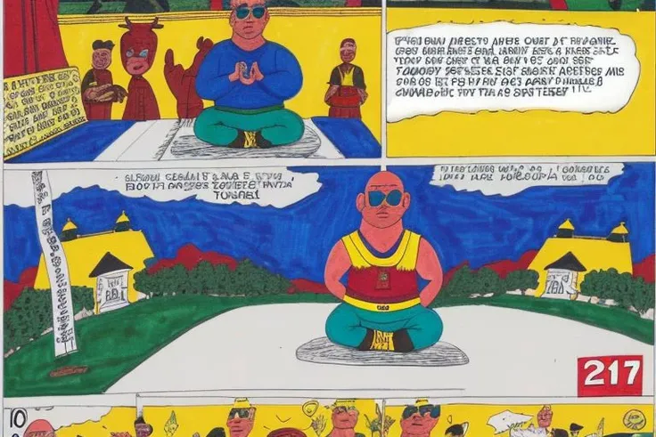 Sunglasses, Buddha, fat, sitting, meditation, background temple, full body, comic book dialogue boxes, comic style