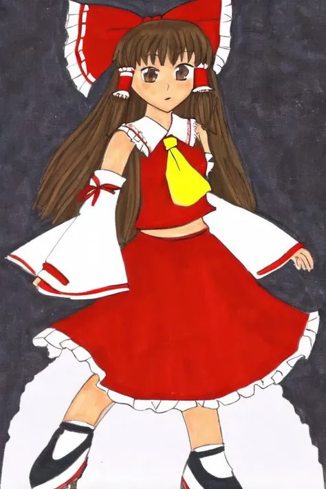 chrischanstyle, reimu, brown eyes, long hair, brown hair, hair tubes, red hair bow, miko, red shirt, sideboob, detached sleeves, wide sleeves, ribbon-trimmed sleeves, yellow ascot, red skirt, long skirt, frilled skirt, frills, white socks, black shoes