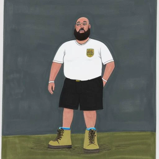fat bald black man with thick beard with no shirt on camouflage shorts an army boots