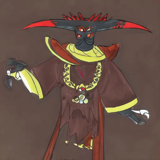chrischanstyle, Black Doom, jet black legless body with three red eyes, two wide horns with red tips, three-fingered claws, dark brown robe, symbol, jewelry