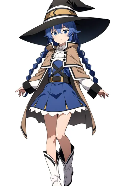 (masterpiece:1.4), (best quality:1.4), (((pixel-perfect, detail-perfect))), 1girl, petite body, roxy migurdia, blue hair, long hair, hair between eyes, twin braids, blue eyes, witch hat, white collared shirt, long sleeves, wide sleeves, white capelet, brown cape, long cape, black skirt, white boots, medium small breasts, looking at viewer, (jitome:1.2), flat, flat colors, 2D, (anime:1.3), looking at viewer, (blush:0.5), full body, standing, white background, reference sheet,
<lora:Roxy Migurdia (Mushoku Tensei):0.7>