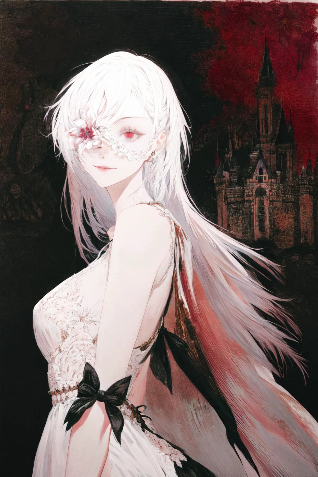 <lora:ZeroV2.5:0.9>, (masterpiece, best quality), 1girl, solo, looking at viewer, smile, from below, white hair, very_long_hair, red eyes, white clothes,open chest, back,black bow on the head, black bandage under the chest,(tied flower over eye:1,2), right hand,mechanical, detailed painting, <lora:add_detail:0.8>
(background,castle:1.2), <lora:Iridescence:0.7>