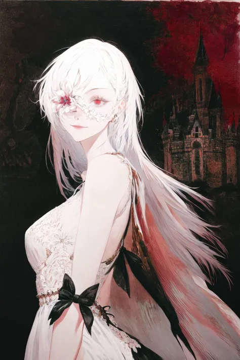 <lora:ZeroV2.5:0.9>, (masterpiece, best quality), 1girl, solo, looking at viewer, smile, from below, white hair, very_long_hair, red eyes, white clothes,open chest, back,black bow on the head, black bandage under the chest,(tied flower over eye:1,2), right hand,mechanical, detailed painting, <lora:add_detail:0.8>
(background,castle:1.2),  <lora:Iridescence:0.7>