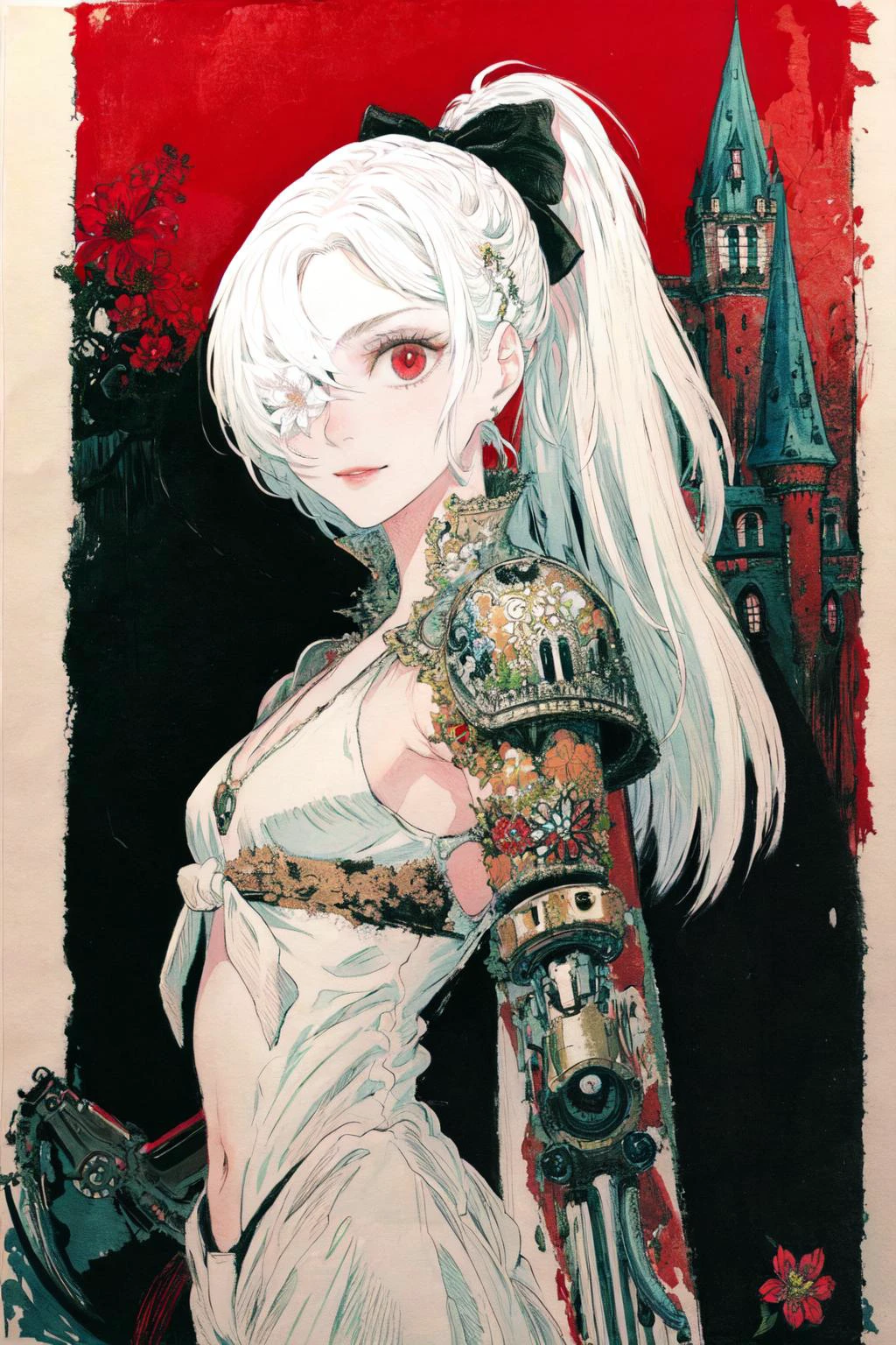 <lora:ZeroV2.5:0.9>, (masterpiece, best quality), 1girl, solo, looking at viewer, smile, from below, white hair, very_long_hair, red eyes, white clothes,open chest, back,black bow on the head, black bandage under the chest,(tied flower over eye:1,2), right hand,mechanical, detailed painting, <lora:add_detail:0.8>
(background,castle:1.2), <lora:Iridescence:0.7>