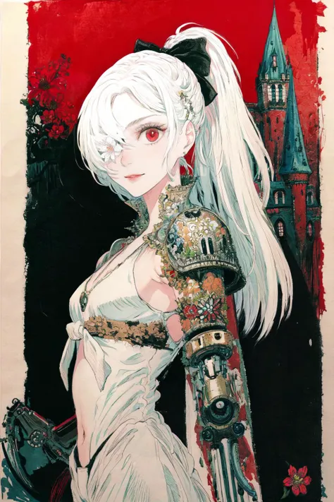 <lora:ZeroV2.5:0.9>, (masterpiece, best quality), 1girl, solo, looking at viewer, smile, from below, white hair, very_long_hair, red eyes, white clothes,open chest, back,black bow on the head, black bandage under the chest,(tied flower over eye:1,2), right hand,mechanical, detailed painting, <lora:add_detail:0.8>
(background,castle:1.2),  <lora:Iridescence:0.7>