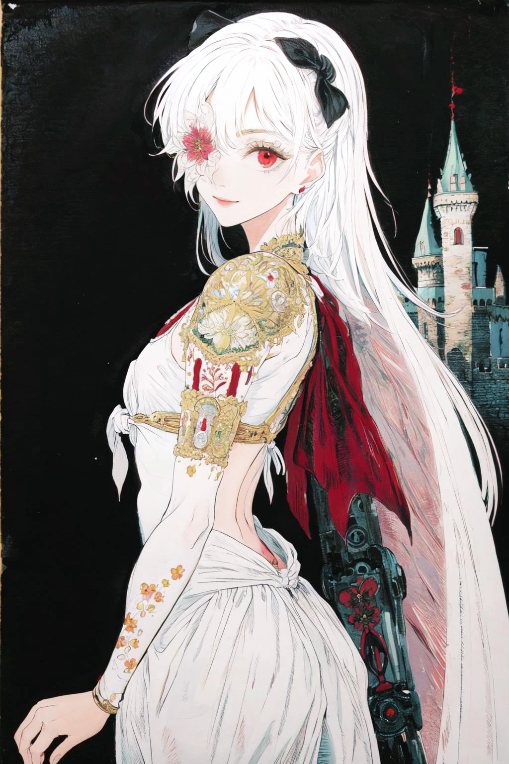 <lora:ZeroV2.5:0.9>, (masterpiece, best quality), 1girl, solo, looking at viewer, smile, from below, white hair, very_long_hair, red eyes, white clothes,open chest, back,black bow on the head, black bandage under the chest,(tied flower over eye:1,2), right hand,mechanical, detailed painting, <lora:add_detail:0.7>
(background,castle:1.2), <lora:Iridescence:0.7>