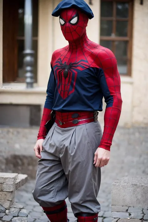 Photo of (spiderman:1.09) wearing traditional gaucho clothes, including gray loose trousers held up by a belt, facon and a beret.
blurry, full body.
<lora:Gauchosv1:0.85>