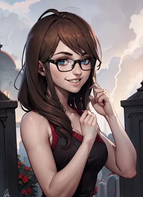 ((best quality)), ((highly detailed)), extremely detailed face, beautiful face, , (1girl), (glasses), dynamic pose, upper body, ((<lora:gothgirl:.75>)), girl next door, friendly, smiling, (outdoors, at a mausoleum, afternoon, thunder storm), <lora:Labros_Panousis_style:.45>, Labros_Panousis_style_lora_by_niolas