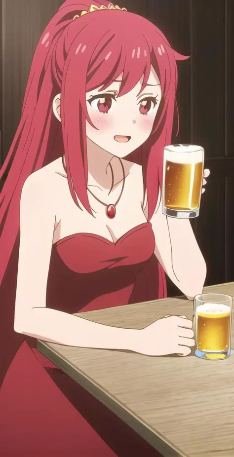 Annabelle, 1girl, solo, portrait, red very long hair, drinking beer, blush, necklace, strapless pattern dress, happy, perfect quality, good quality, masterpiece, HDR, UHD <lora:Annabelle:0.7>
