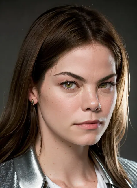 portrait of Michelle Monaghan, contempt , wearing suit , with silver Side braid , background prison epic (photo, studio lighting, hard light, sony a7, 50 mm, matte skin, pores, colors, hyperdetailed, hyperrealistic), <lyco:Michelle Monaghan:1.1>
