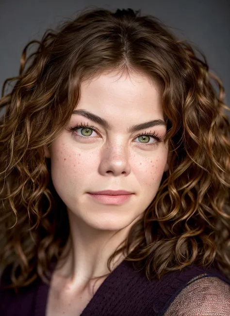 portrait of Michelle Monaghan, stupid , wearing custom-made , with chestnut Curly hair , background pagoda epic (photo, studio lighting, hard light, sony a7, 50 mm, matte skin, pores, colors, hyperdetailed, hyperrealistic), <lyco:Michelle Monaghan:1.1>