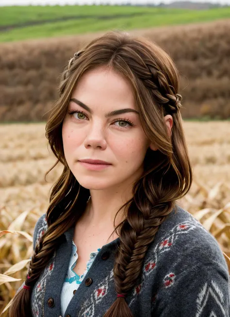 portrait of Michelle Monaghan, cold , wearing embroidered , with chocolate Fishtail braid , background corn maze epic (photo, studio lighting, hard light, sony a7, 50 mm, matte skin, pores, colors, hyperdetailed, hyperrealistic), <lyco:Michelle Monaghan:1.1>