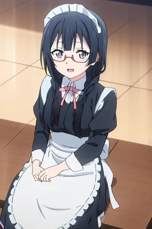 (Niji:1.1),(animeted:1.6),grey eyes,Braid hair,black hair,glasses,daytime,(maid:1.3)