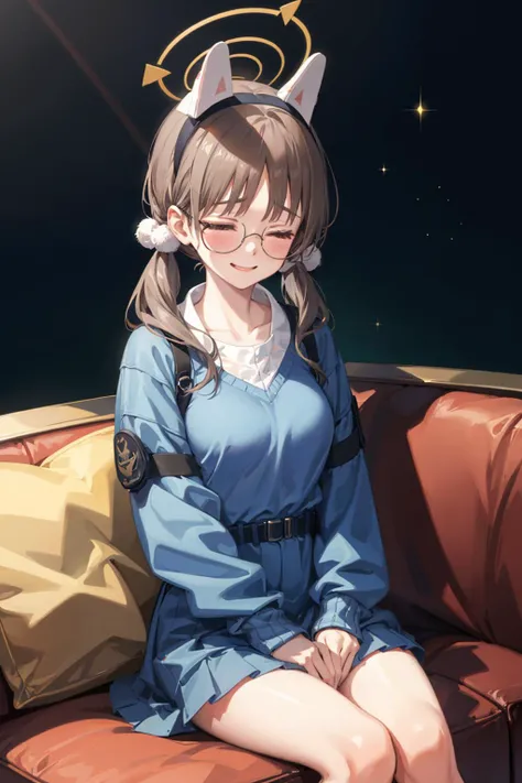 1girl, superrealism, intricate , superfine resolution,, 8k, , (masterpiece), <lora:moe_v2:1> moe ba,low twintails,pom pom hair ornaments, round eyewear, fake animal ears,halo ,sit , sofa , closed eyes , sleeping , zzz buble , happy face ,