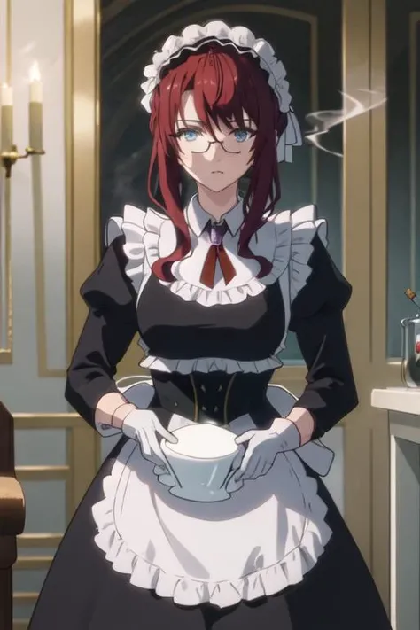 best quality, masterpiece, highres, solo, {black business suit:1.40}, {tie:1.20}, {sunglasses:1.25}, {white gloves:1.15}, {white shirt:1.10}, {black skirt:1.15}, {smoking:1.20}, handsome, {illya_coral_tenseioujototensaireijounomahoukakumei:1.15}, red_hair, maid, blue_eyes, maid_headdress, bangs, apron, maid_apron, sidelocks, hat, closed_mouth, hair_between_eyes, long_hair