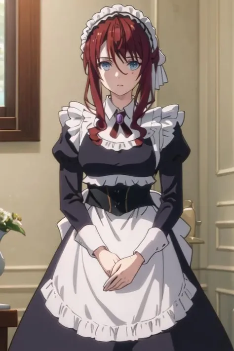 best quality, masterpiece, highres, solo, {maid:1.40}, {long maid dress:1.15}, {illya_coral_tenseioujototensaireijounomahoukakumei:1.15}, red_hair, blue_eyes, maid_headdress, bangs, apron, maid_apron, sidelocks, hat, closed_mouth, hair_between_eyes, long_hair