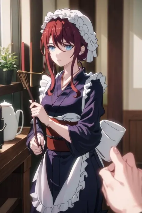 best quality, masterpiece, highres, solo, {yukata:1.40}, {kimono:1.20}, {illya_coral_tenseioujototensaireijounomahoukakumei:1.15}, red_hair, maid, blue_eyes, maid_headdress, bangs, apron, maid_apron, sidelocks, hat, closed_mouth, hair_between_eyes, long_hair