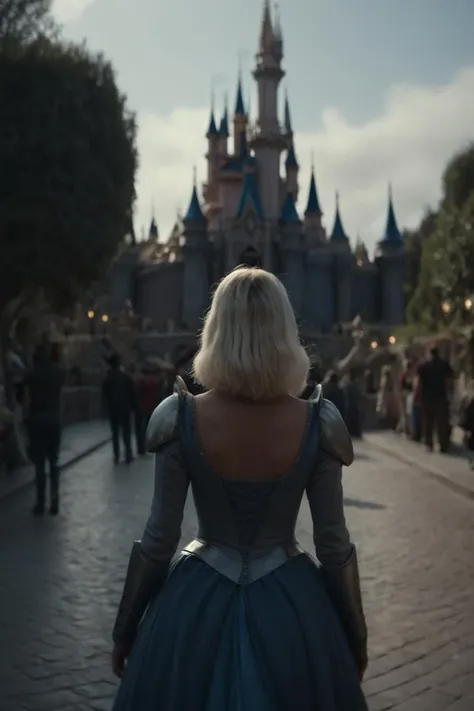 cinematic film still shin hati at cinderella's castle (disneyland), full body shot from behind <lora:Shin_Hati_XL:0.8> . shallow depth of field, vignette, highly detailed, high budget Hollywood movie by damien chazelle, bokeh, cinemascope, moody, epic, gorgeous, film grain, grainy