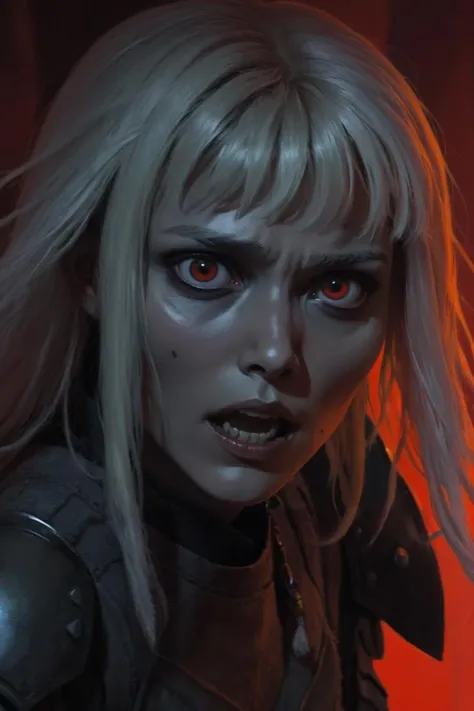 concept art shin hati (fearful cower), close up shot <lora:Shin_Hati_XL:0.8> . illustration by gabriele dell'otto, dark, low key, vibrant, highly detailed