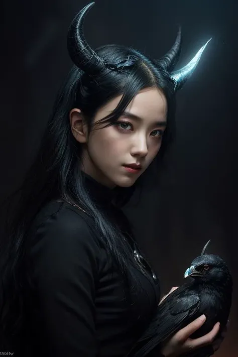 unparalleled 8K UHD professional photograph that stands as a testament to the zenith of artistic vision, set against the backdrop of a spellbinding fantasy realm. At the heart of this realm is a 19-year-old girl, a figure of sublime beauty with cascading soft black hair that glimmers like strands of starlight. Her presence is a harmonious contradiction: while her visage radiates innocence, her amazingly elegantly arched black devil horns unveil her true identity as a bona fide real demon. These devil horns, majestic yet menacing, are a perfect embodiment of her dual nature, blending seamlessly with her enchanting allure. Her pale hands, captured in exquisite detail, are not just visually striking but are also imbued with the narrative of her demonic heritage, each line and curve a whisper of her ancient lineage. By her side stands a majestic, enigmatic giant crow, a noble companion whose presence complements her own formidable essence. Their bond transcends the ordinary, radiating a joy that is both pure and deeply rooted in their shared mystical bond. The scene is bathed in a resplendent natural light that not only illuminates but also enhances the surreal elements of this otherworldly setting. The light weaves through her hair, dances around her horns, and casts a noble glow on her scary giant crow companion, against a backdrop that is vibrant and dreamlike. This composition is a masterful interplay of light and shadow, adding depth and dimension, and rendering every texture so vivid that it feels tangible. This photograph is more than a visual feast; it's an immersive experience. The viewer is not merely observing but is drawn into a world where the line between reality and fantasy blurs, touched by the beauty, mystery, and intrinsic joy of this demon girl and her mythical crow. It's a portrayal that transcends the medium, capturing the essence of their otherworldly existence in a moment frozen in time.