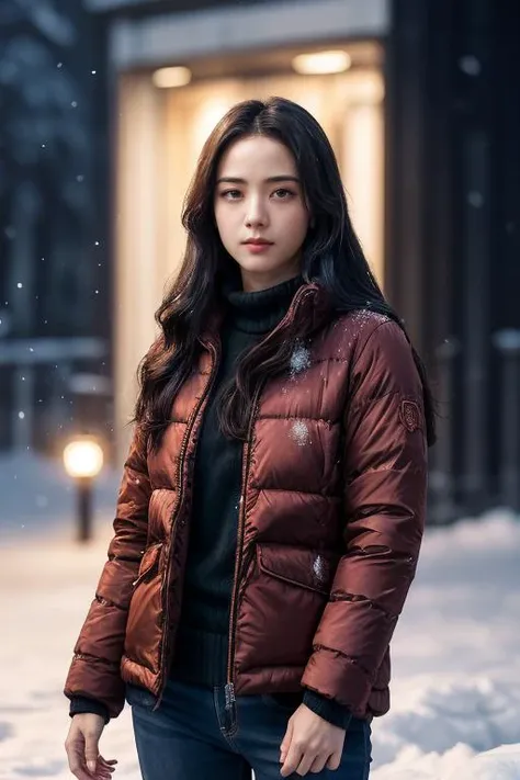 masterpiece, best quality, ultra-detailed, ultra high res, (photorealistic:1.4), raw photo, (realistic:0.2), CG, {4k|8k} HDR, perfect lighting, 1girl, solo, looking at viewer, (winter clothes, padded jacket), outdoor, (snow, snowflakes), night, aurora sky, upper body, lower body, asymmetrical wavy long hair, (detailed oily skin, medium breasts:0.8), (detailed face), (detailed background :1.1), hands in pocket,