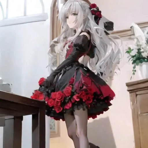  1 girl, <lora:Shizuma-09:1>, Shizuma, long silver hair, pale green eyes, side view, black and red dress, red roses in hair, rose petticoat, petticoat of roses, black pantyhose, upside down roses