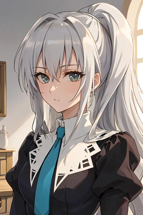 (ultra-detailed), masterpiece, high quality, Shizuma, 1girl, standing, cowboy shot, outdoors, solo, long hair, necktie, grey hair, (black school uniform), ponytail, indoors, looking at viewer, hair between eyes, <lora:Shizuma-09:0.8>