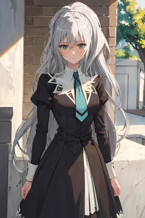 (ultra-detailed), masterpiece, high quality, Shizuma, 1girl, standing, cowboy shot, outdoors, solo, long hair, necktie, grey hair, (black school uniform), ponytail, indoors, looking at viewer, hair between eyes, <lora:Shizuma-09:0.8>