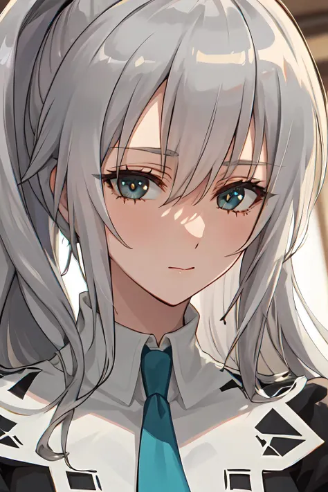 (ultra-detailed), masterpiece, high quality, Shizuma, 1girl, standing, cowboy shot, outdoors, solo, long hair, necktie, grey hair, (black school uniform), ponytail, indoors, looking at viewer, hair between eyes, <lora:Shizuma-09:0.8>