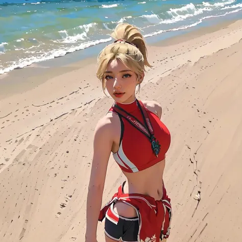 (detailed beach background), masterpiece, best quality, Lifeguard_Mercy, black_shorts, blue eyes, <lora:Lifeguard_Mercy-10:0.95>