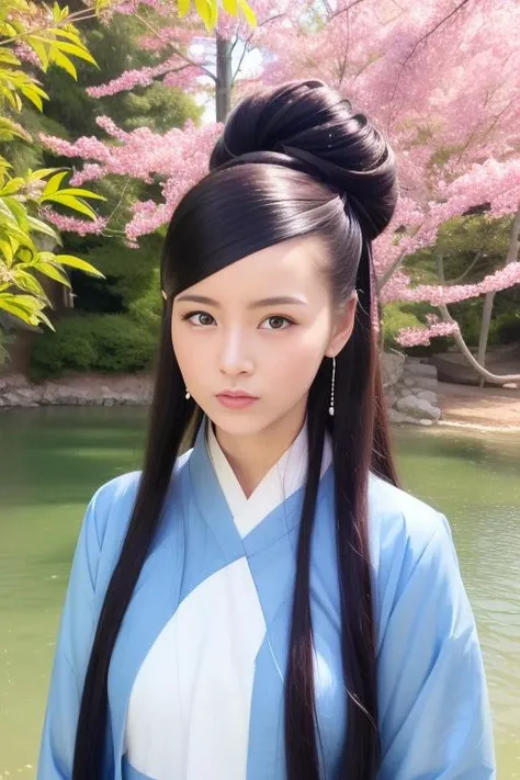 ltra-detailed,highly detailed,best quality,masterpiece,illustration,realistic,photorealistic,
sanshengmu, hanfu, 
1girl, solo, 
traditional clothes, chinese clothes, china dress, 
very long hair, hair bun, bangs, earrings, 
upper body, looking at viewer, 
outdoors, nature, tree, cherry blossoms, falling petals, river, water, flower, grass, 
 <lora:sanshengmu_v1_04:0.8>