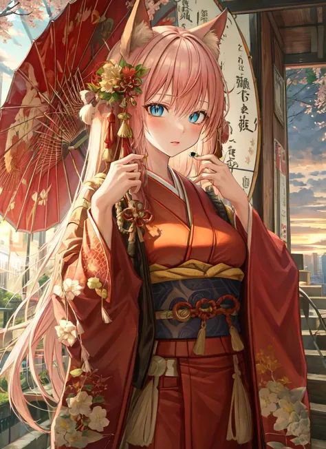 ((best quality)), ((highly detailed)), masterpiece, absurdres, (detailed eyes, deep eyes), <lora:more_details:.4>, (1girl), (glasses), mirror, reflection, dynamic pose, cowboy shot, kitsune, multiple tails, medium breasts, fox ears, fox tail, amber eyes, <lora:slit-pupils:1>, snake eyes, (sakura pink) hair, <lora:kimonoClothes_v10:1>, long sleeves, furisode, obi, sash, (at an appartment, sunset), <lora:urachan1629:1>, urachan1629
