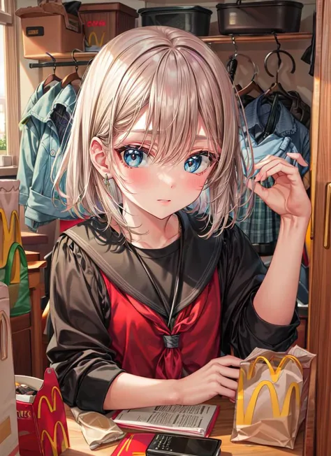 ((best quality)), ((highly detailed)), masterpiece, absurdres, (detailed eyes, deep eyes), <lora:more_details:.7>, dynamic pose, upper body, schoolgirl, (indoors, at a closet), <lora:McDonaldsAdArtStyle:1>, McDonaldsAdArtStyle, flat colors